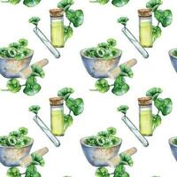 Centella asiatica, essential oils, stone bowl watercolor seamless pattern isolated on white. Mortar, glass flask, test tube, gotu kola hand drawn. Design for package, label, wrapping, background vector