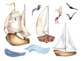 ensemble de voile navires ancien style aquarelle illustration. voilier, navire sur vagues, mer transport main dessiné. puéril conception, élément pour garçons chambre, imprimé des produits. png