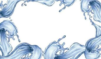 Board of water waves transparent with drops watercolor illustration isolated on white. Frame of blue ocean waves spiral, splashing aqua motion with spray hand drawn. Element for design vector