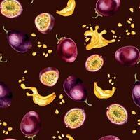 Tropical fruits and juice splash watercolor seamless pattern isolated on dark. Piece and whole of maracuya hand drawn. Design for packaging, wrapping, textile, background, paper, tableware vector