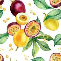 Various passion fruits,leaf, splash juice watercolor seamless pattern isolated on white. Tropical whole, sliced maracuja hand drawn. Design for wrapping, package, textile, background, tableware vector