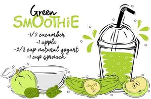 Green smoothie recipe with illustration of ingredients. Healthy food poster vector