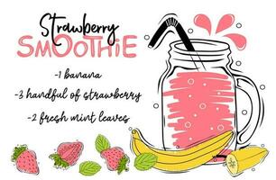 Strawberry smoothie recipe with illustration of ingredients vector