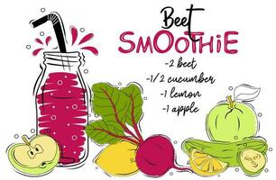 Beet smoothie recipe with illustration of ingredients. Healthy food poster vector