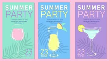 moderno verano fiesta pancartas, carteles o tarjetas con tropical hojas y verano cóctel. de moda plantillas en minimalista estilo vector