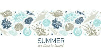 Summer it's time to travel. Horizontal seamless background with different seashells on a white background vector