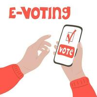 E-voting. Human hands holding  smartphone with vote button vector