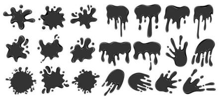 Black paint blots collection. Cartoon paint splatters and ink splashes. vector