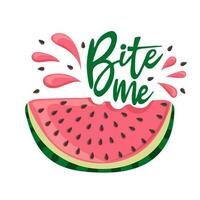 Bite me. Watermelon with a spray of juice. Slice with red flesh and black seeds and with a piece bitten off vector