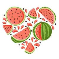 Watermelon slices and whole with a spray of juice in heart shape. Slice with red flesh and black seeds. Summer design for poster, banner, t shirt, card, flyer vector