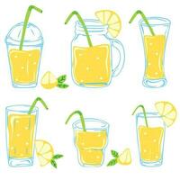 Glasses of lemonade with lemon slices. Set of summer drinks vector