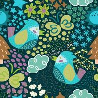 seamless pattern with colorful decorative birds, flowers, cloud and memphis element vector