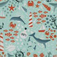 Seamless ahoy pattern. Marine theme. Seaweed. Sea and ocean animals, crab, seahorse, starfish, octopus, squid, jellyfish. Pirates. Children's illustration. White background. Bottle with a note. Print vector