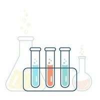 Round and flat-bottomed flasks, test tubes with solutions and reagents. Chemical reaction. Illustration on the topic of chemistry, biotechnology, biology. vector