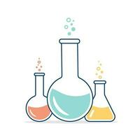 Round and flat-bottomed flasks, test tubes with solutions and reagents. Chemical reaction. Illustration on the topic of chemistry, biotechnology, biology. vector