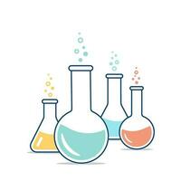 Round and flat-bottomed flasks, test tubes with solutions and reagents. Chemical reaction. Illustration on the topic of chemistry, biotechnology, biology. vector