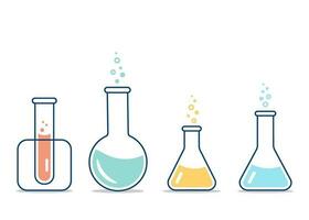 Round and flat-bottomed flasks, test tubes with solutions and reagents. Chemical reaction. Illustration on the topic of chemistry, biotechnology, biology. vector