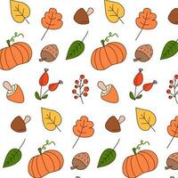 Vector colorful autumn natural seamless pattern with fall leaves, fruits, pumpkins and mushrooms. Fall endless background