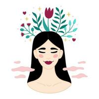 Mental health concept. Smiling Asian woman accepts, loves herself. Girl feels relaxed, confident. Flowers grow from the woman head. Happiness, harmony, positive thinking, self care concept. vector