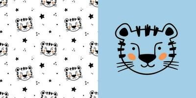 Hand drawn set for designing baby clothes with tiger. Vector illustration in doodle style on light blue background. Postcard with tiger and seamless pattern. Cartoon Bohemian nursery print.