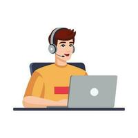 Man with computer, headphones and microphone . Concept illustration for support, assistance, call center. Call center Operator, Programmer, Gamer. Vector illustration in flat style