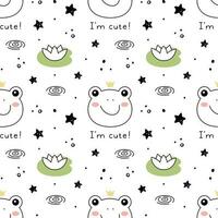 Frog princess, prince doodle style. Hand drawn seamless pattern with cute cartoon frog with crown in swamp with water lilies and lettering. Vector illustration