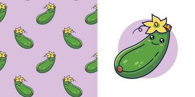 Hand drawn Zucchini in doodle style for designing baby clothes. Postcard with squash and seamless pattern. Cartoon Bohemian nursery print. Kids design texture for pajamas. Vector illustration.