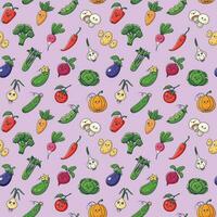 Vegetables seamless pattern with kawaii characters on lilac background. Perfect for vegan, vegetarian, wallpaper, food backdrop, fabric, wrapping paper, textile. Cartoon vector illustration.