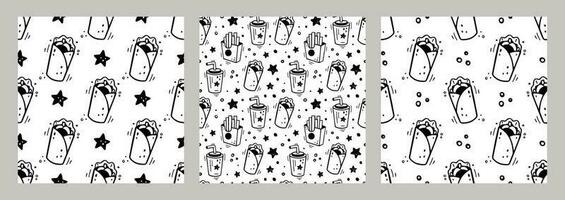 Hand drawn fast food combo with donner kebab. Set of fast food seamless patterns. Comic doodle style. Vector Fast food illustration. Sketch of donner kebab, paper cup of beverage, french fries box.