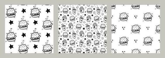 Hand drawn fast food combo with hamburger. Set of fast food seamless patterns. Comic doodle style. Vector Fast food illustration. Sketch of hamburger, paper cup of beverage, french fries box.