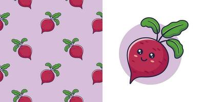 Hand drawn Beetroot in doodle style for designing baby clothes. Postcard with Beet and seamless pattern. Kids design texture for pajamas. Vector illustration.