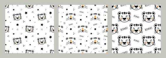 Hand drawn Little Tiger in doodle style for designing baby clothes. Set of kids seamless patterns with Tiger. Cartoon Bohemian nursery print. Kids design texture. Vector illustration.