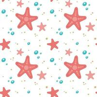 Cartoon cute Seamless pattern with starfish, sand, water drops is in doodle style. Vector kids illustration for textile, fabric, clothes. Flat design. Beach, sea shore concept.