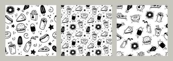 Hand drawn fast food combo. Set of fast food seamless patterns. Comic doodle style. Vector Fast food illustration. Sketch of various fast food snacks.