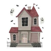 Creepy Haunted House or castle mansion Abandoned home with ghost and bat for halloween concept illustration vector