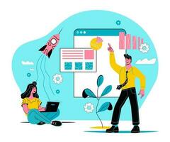 Business education and online training courses concept with people getting knowledge via internet. Business staff training, specialization. Vector illustration concept for web design, marketing.