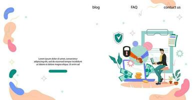 Smart contract and online secure deal website template. Web page interface for insurance of online transactions and security guarantee business commercial services, flat vector illustration.