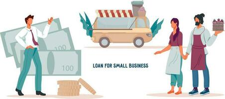 Loan for small business development website banner template with business owners and bank agent. Financial support of small business and entrepreneurship, flat vector illustration for web page.