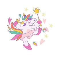 linda bailando hada unicornio con arco iris melena y bailarina tutu falda, dibujos animados vector icono ilustración aislado en blanco. impresión diseño de magia infantil unicornio para pegatina o parche insignia.