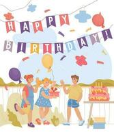 cumpleaños niños fiesta tarjeta o póster antecedentes con gracioso niños caracteres, plano vector ilustración. niños celebrar su cumpleaños en el patio interior con decorativo banderas y pastel.