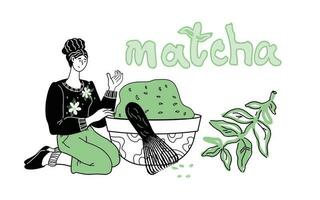 Woman preparing matcha tea cartoon vector illustration. Banner or card of japanese or chinese green matcha tea in hand drawn style for packaging or teahouse cafe.