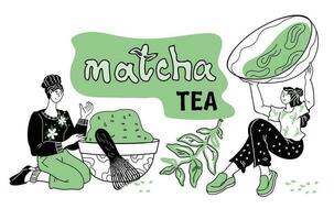 Banner with women enjoying japanese or chinese Matcha drink and inscription. Design for tea house or shop, restaurant or product packaging in modern cartoon style, vector illustration isolated.