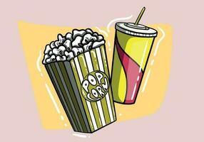 Popcorn and soda with straw. Cinema icon in flat dsign style. Vector illustration