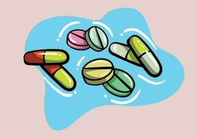 Tablets of different colors and shapes. Pill Icons, capsules isolated on white background. Vector illustration of medical drugs in cartoon simple flat style.