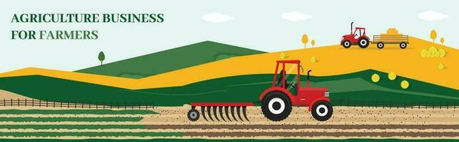 Farm tractor Banner illustration with wheat field in the background. Agriculture and Farming. Agribusiness Tracktor. Rural landscape. Design elements for info graphic, websites and print media. vector