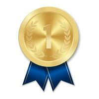 Golden award sport medal for winners with blue ribbon vector