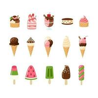 Ice Creams Flat Illustration, Sweet Tasty Desserts, Ice Cream Waffle Cones, Popsicles with Different Toppings Cartoon Vector Illustration