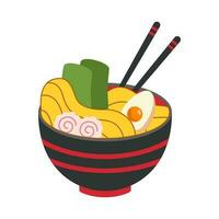 Vector illustration of delicious Japanese ramen noodle on bowl with flat style. Traditional Asian noodle soup. Ramen with eggs and shrimp. The noodles are hanging on sticks. Eastern cuisine.