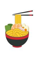 Vector illustration of delicious Japanese ramen noodle on bowl with flat style. Traditional Asian noodle soup. Ramen with eggs and shrimp. The noodles are hanging on sticks. Eastern cuisine.