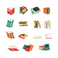 Books, stacks of books, notebooks illustration. Educational vector isolated. Book stacks. Flat-style textbooks, novel books, or diaries on shelves and trays. Bookstore, library, or college old books.